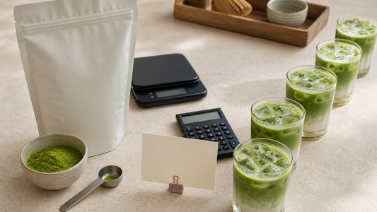 Wholesale matcha pouch, measured matcha, scale, calculator, and a row of iced matcha lattes for café yield planning