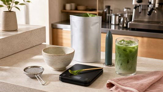 Café matcha station with a wholesale pouch, sieve, scale, frother, ceramic bowl, and iced matcha latte
