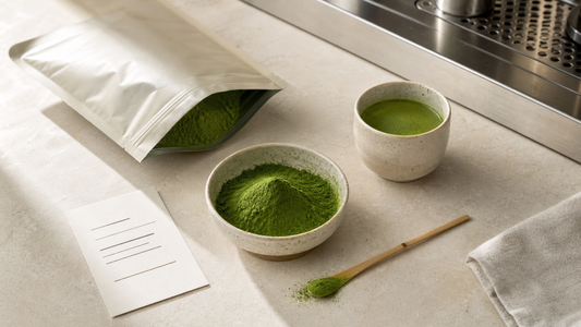 Wholesale matcha quality evaluation with a foodservice pouch, jade matcha powder, tasting cup, and sample card on a café counter