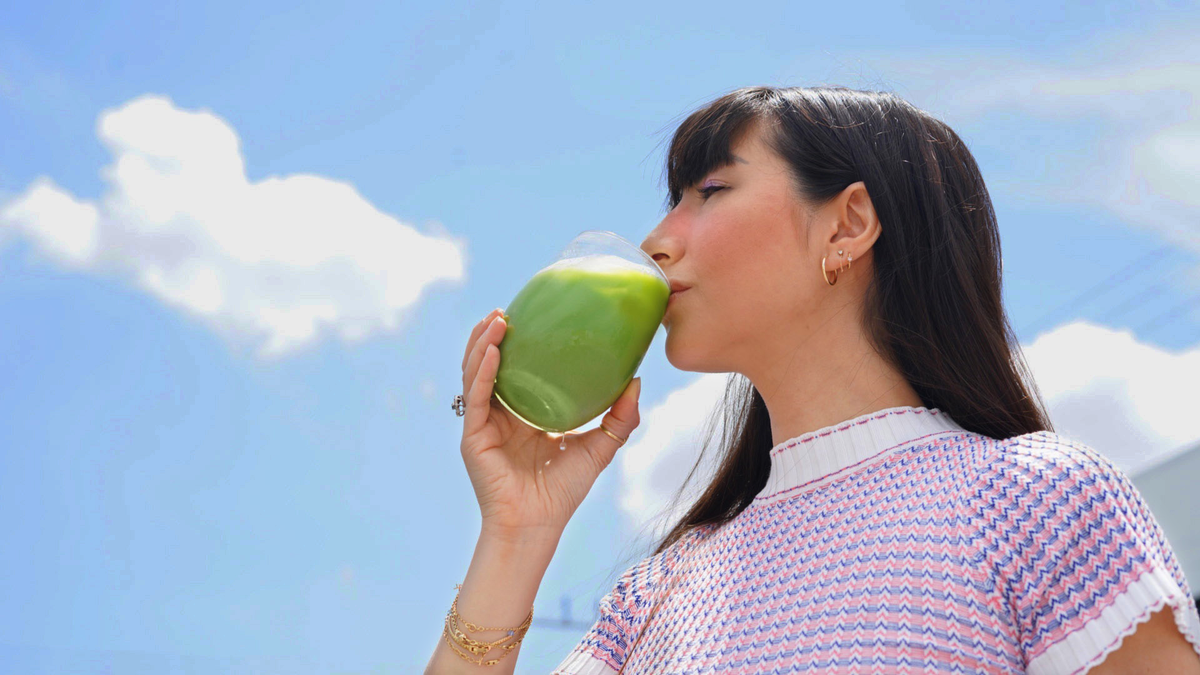 Chié Dambara, founder of Yōko Matcha, enjoying a glass of matcha
