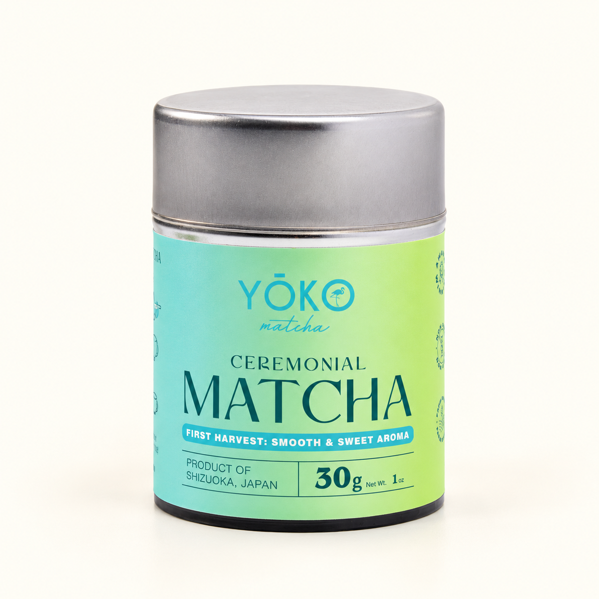 Yōko Matcha non-organic ceremonial matcha 30g in a tall slim tin, teal-to-lime label and plain silver lid