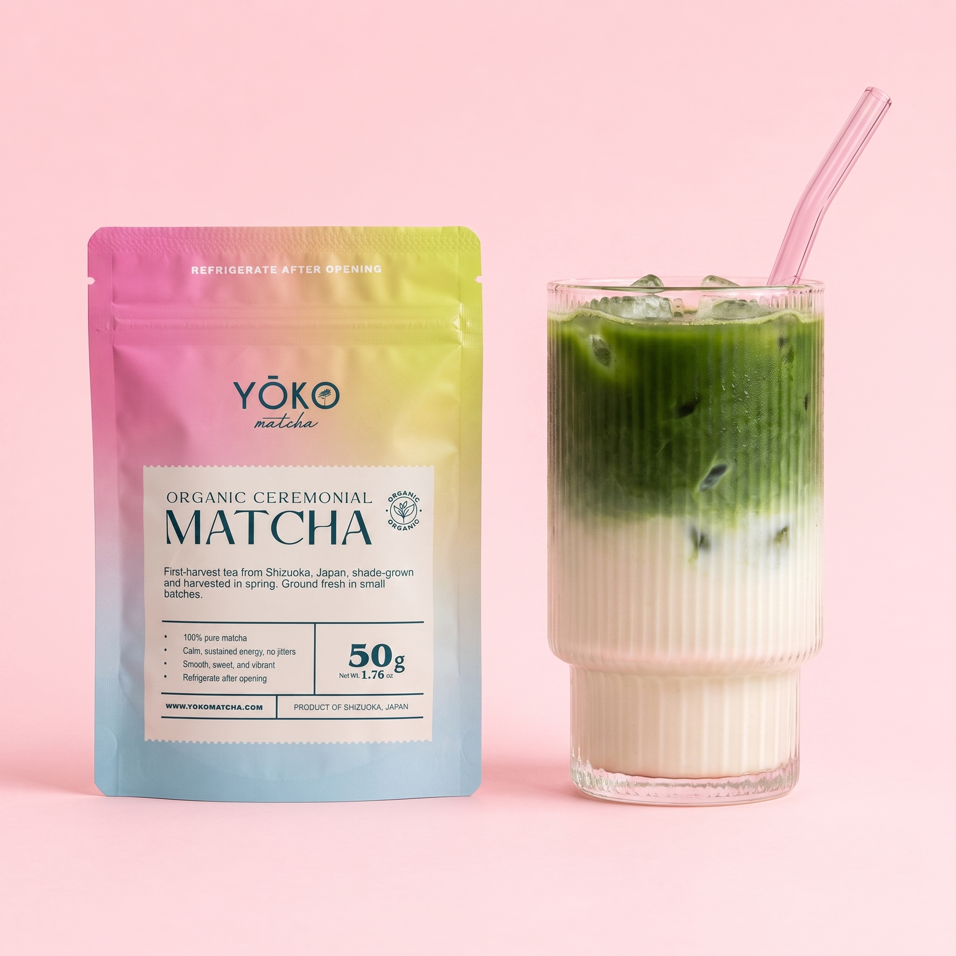 Iced matcha latte made with Yoko Matcha 50g organic ceremonial matcha