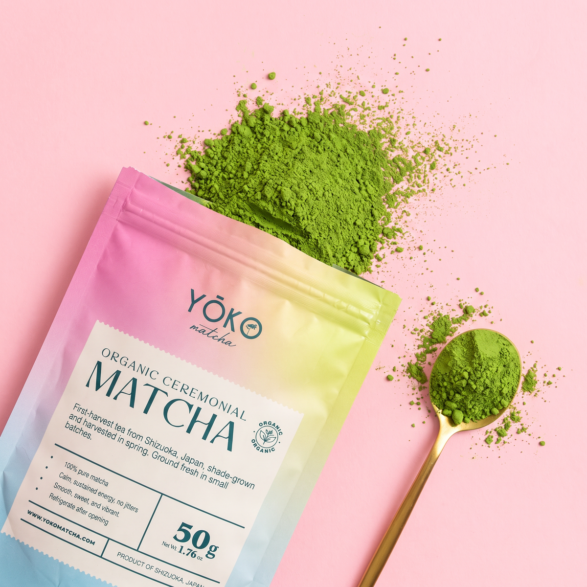 Open resealable 50g pouch of Yoko Matcha revealing vibrant green organic ceremonial matcha powder