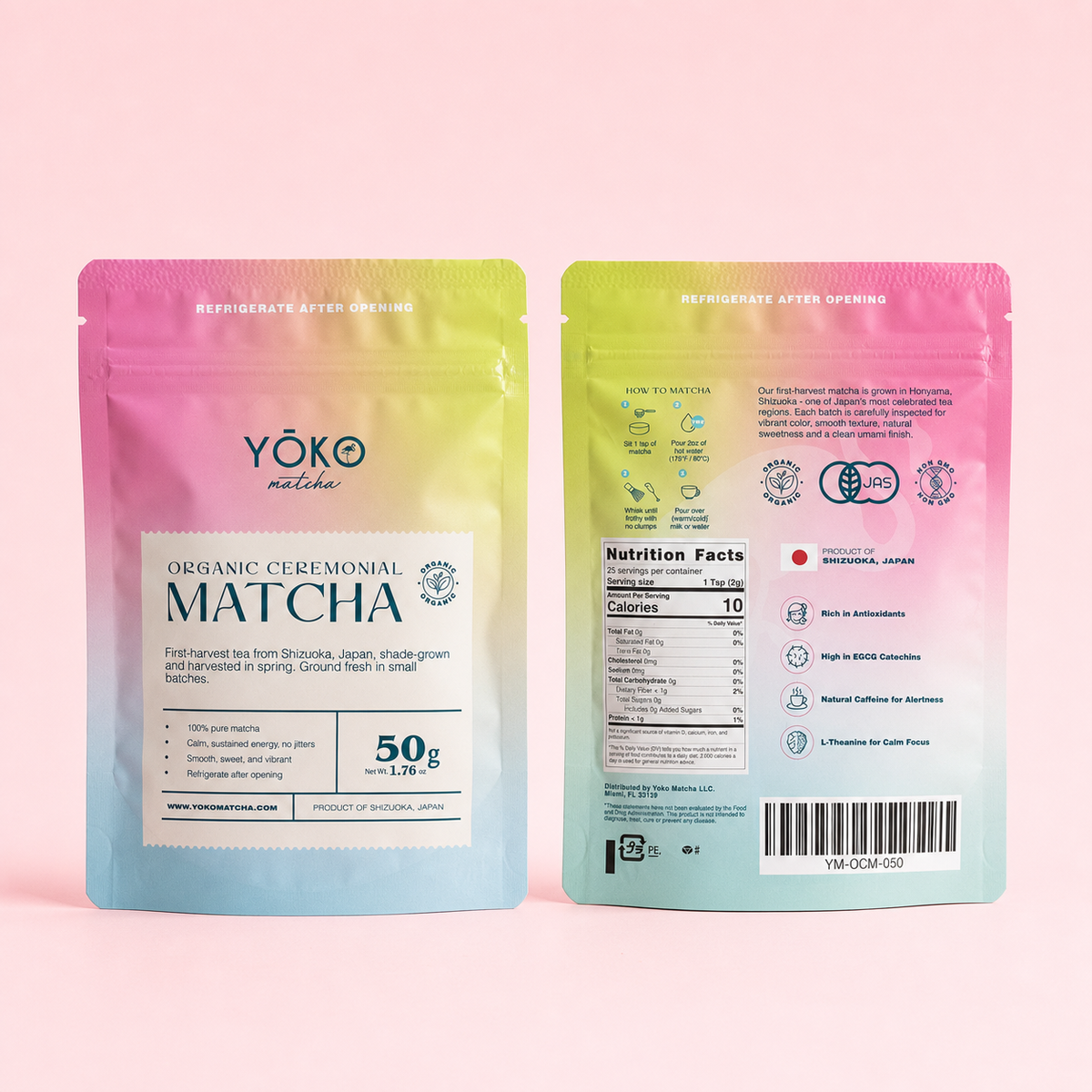Front and back of the Yoko Matcha 50g organic ceremonial matcha pouch showing label and nutrition facts