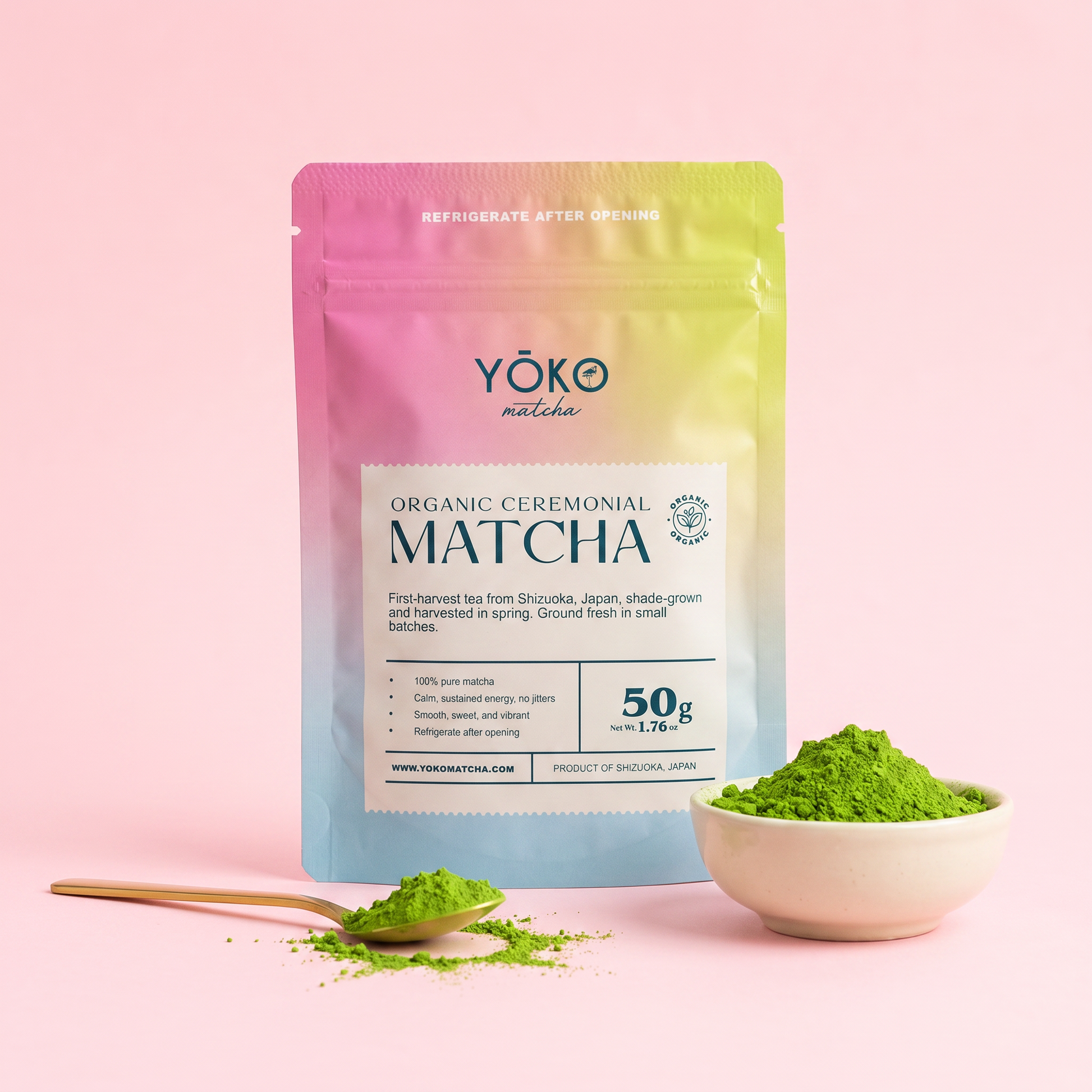 Bowl of vivid green Yoko Matcha organic ceremonial matcha powder beside the 50g pouch