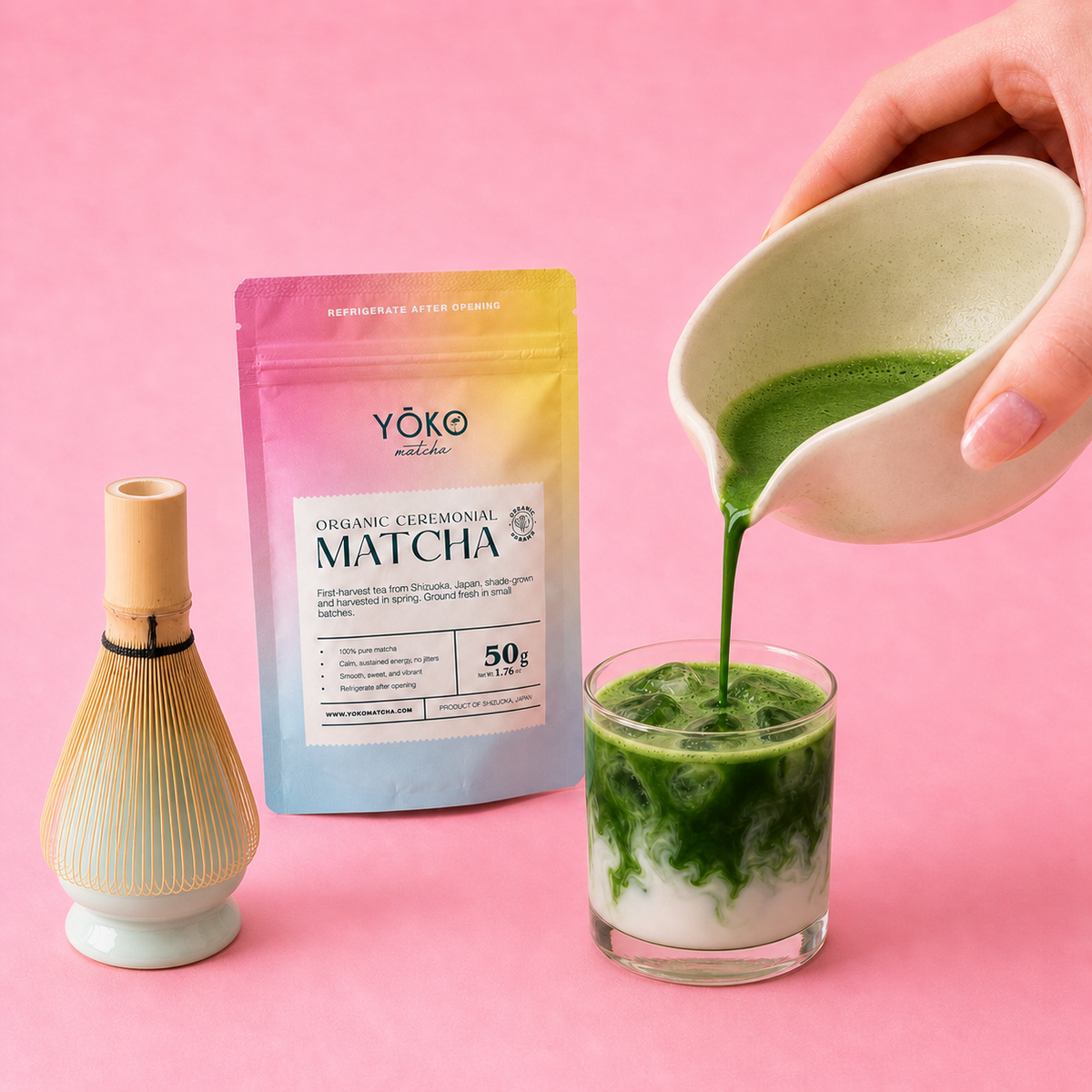 Deep jade iced matcha pour with bamboo chasen whisk made from Yoko Matcha organic ceremonial matcha